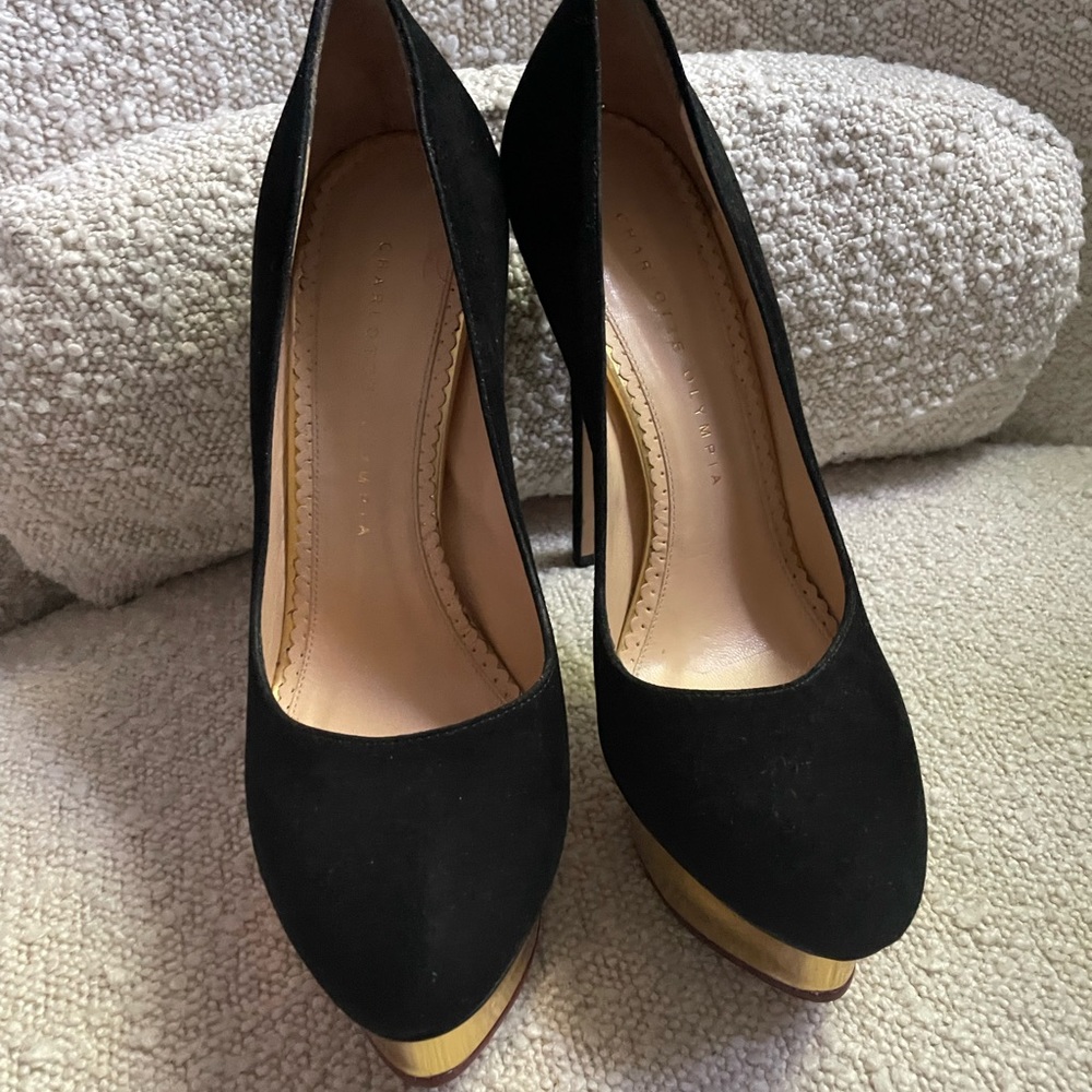 Charlotte Olympia black suede platforms